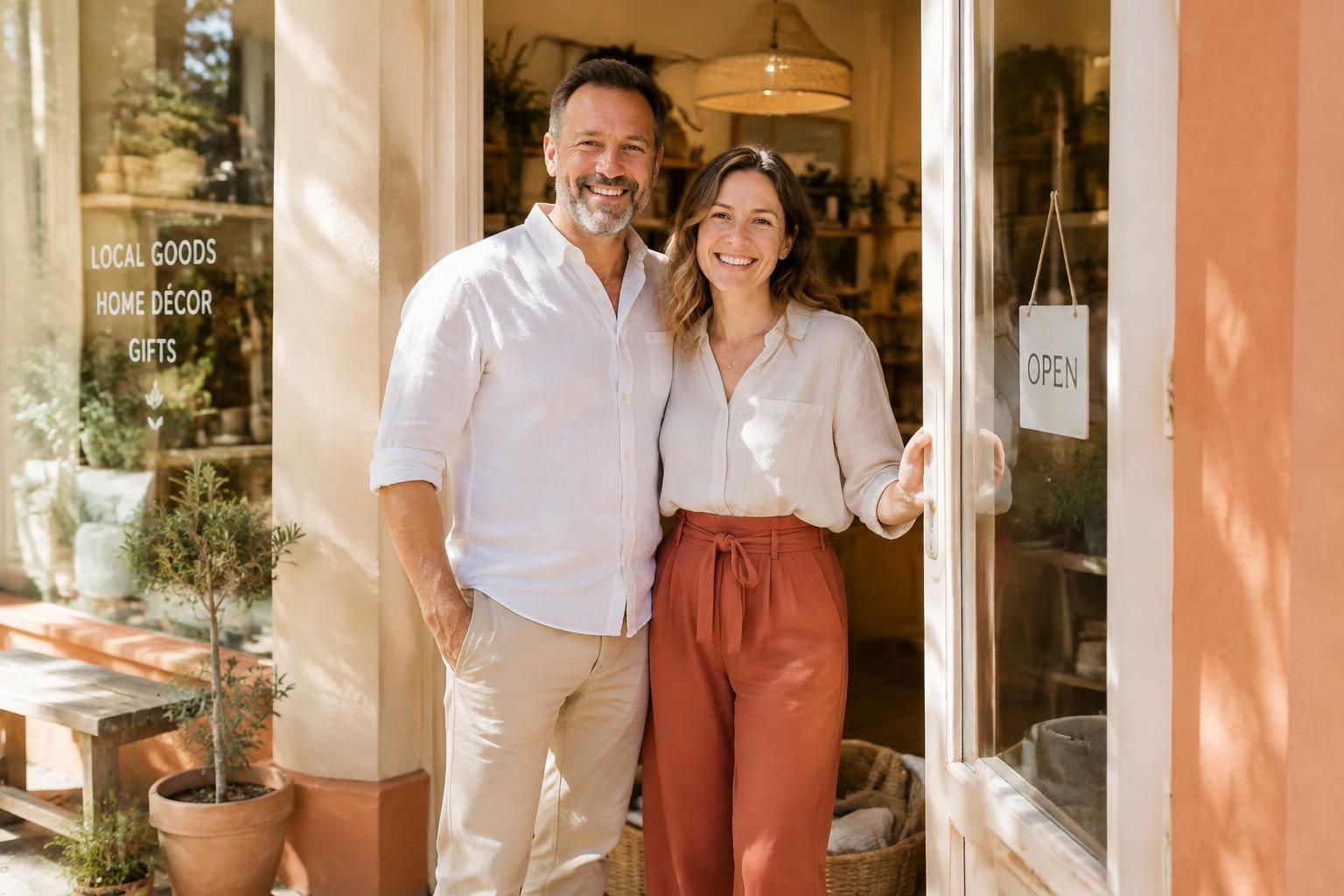 A couple standing in the doorway of their newly opened shop